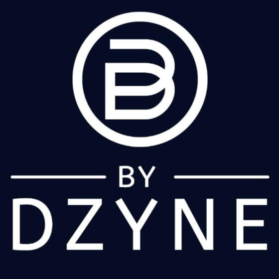 Logo of By Dzyne - white letters on a black background in a decorative form (Link)